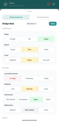 CoPa Bridge Note with quick-tap fields for sleep, mood, food, and health