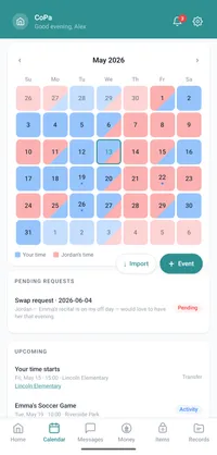 CoPa custody calendar with color-coded days for each parent