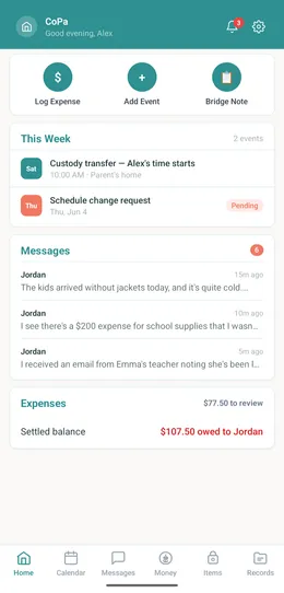 CoPa home screen showing custody calendar, messages, and expense overview