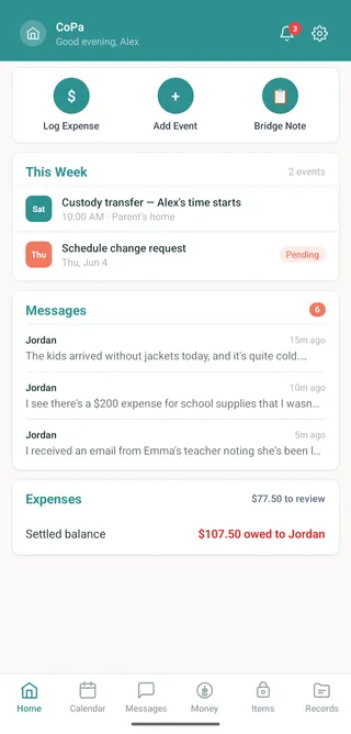 CoPa home screen showing custody calendar, messages, and expense overview