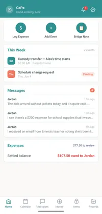 CoPa home screen showing shared calendar and messages